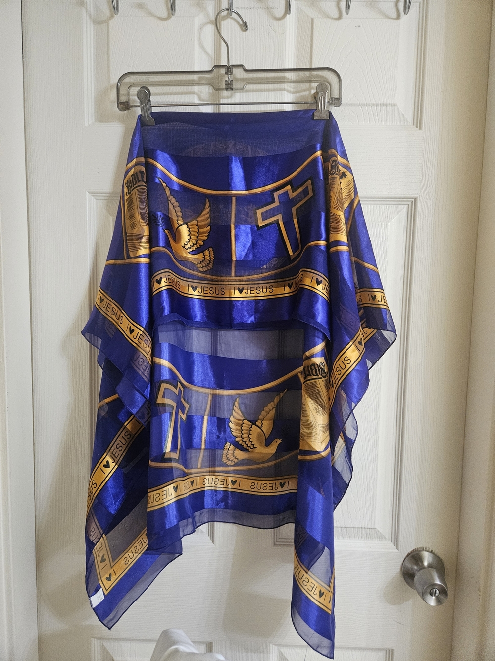 White & Gold Religious Print Satin Scarf - Picture 11 of 12